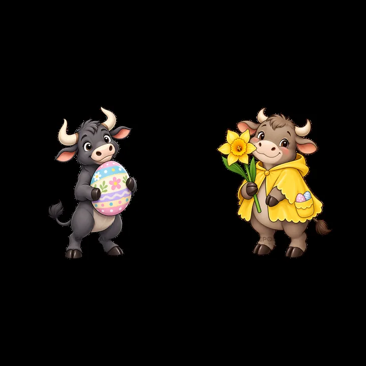 Easter ox with egg and flower in matching holiday colors - AI-generated stock image