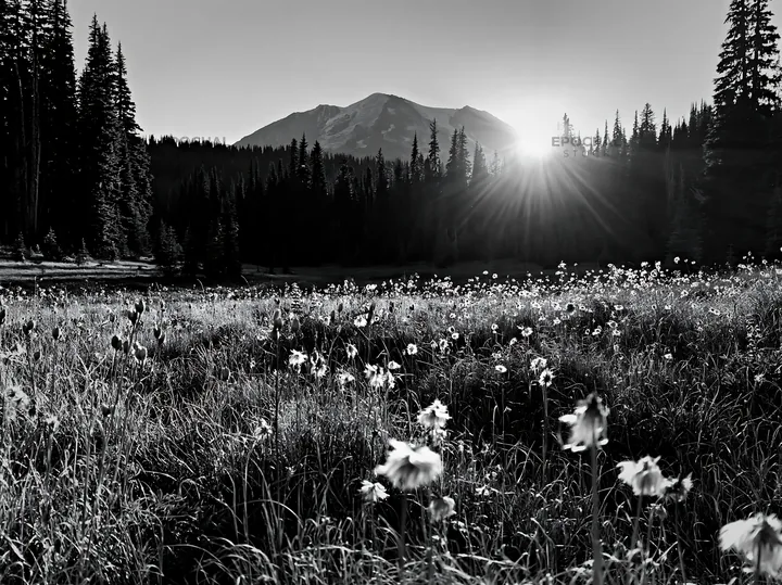 Meadow seedheads and mountains at dusk - AI-generated stock image