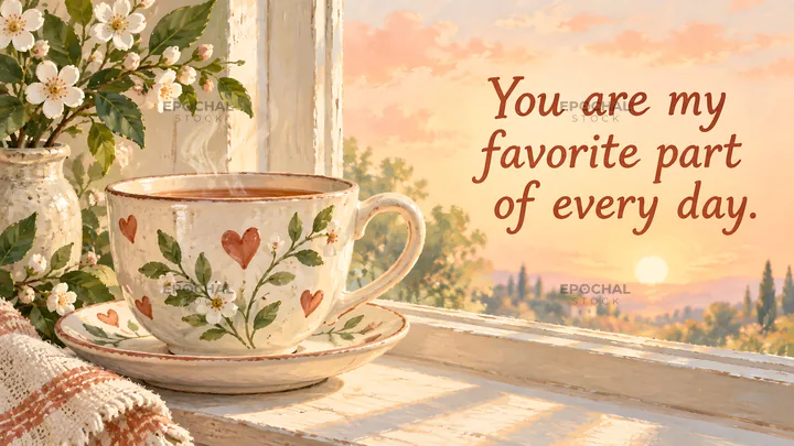 Heart-Decorated Teacup Love Greeting at Sunset - AI-generated stock image