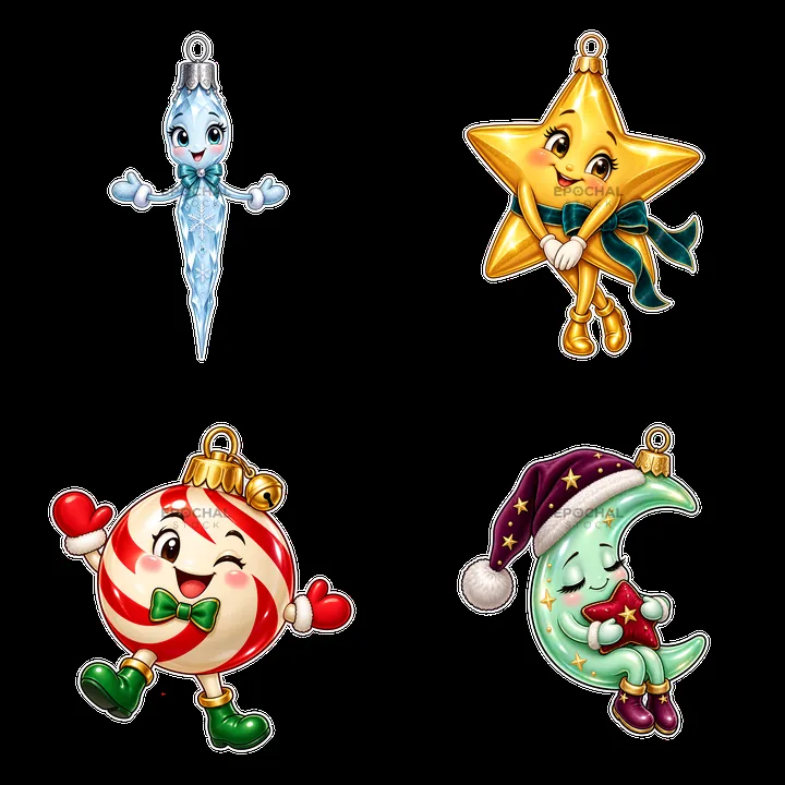 Colorful Christmas ornaments featuring a star, icicle, candy, and moon - AI-generated stock image