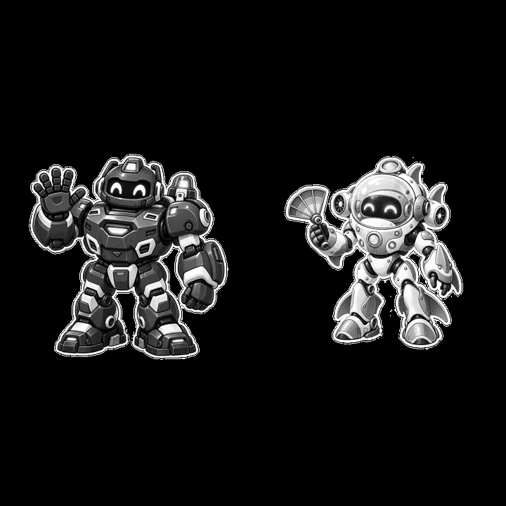 Two mech robots waving and holding a fan in black-and-white - AI-generated stock image