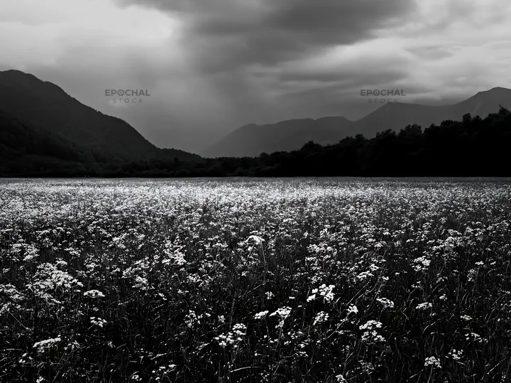 Cow parsley meadow under cloudy sky in black and white - AI-generated stock image