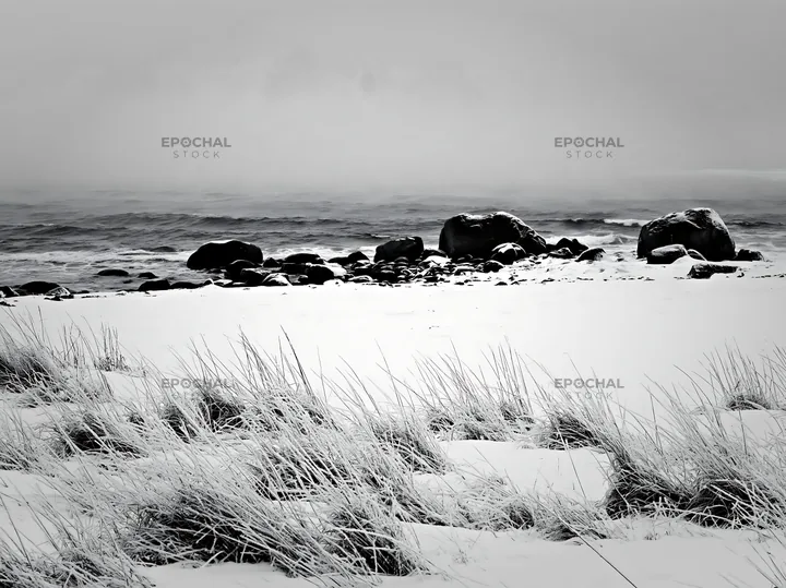 Lofoten coastal meadow with winter snow and ocean view - AI-generated stock image