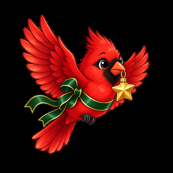 Cardinal bird wearing a green ribbon and holding a gold star ornament - AI-generated stock image