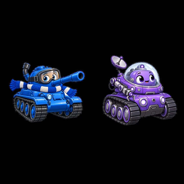 Two cartoon tanks with characters in winter gear and accessories - AI-generated stock image