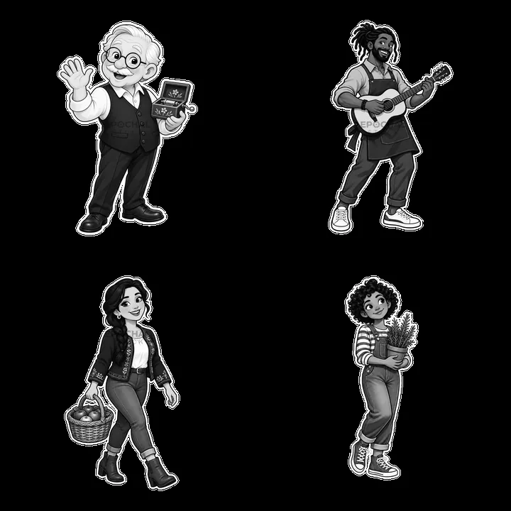 Family members sharing activities in a 2x2 cartoon illustration - AI-generated stock image