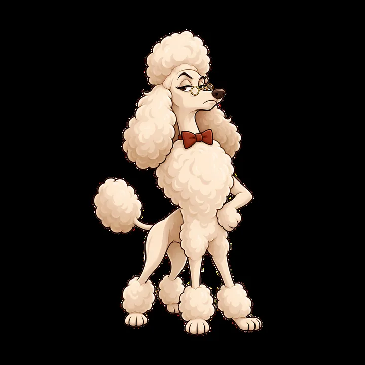 Grumpy poodle with bow tie and glasses standing confidently - AI-generated stock image