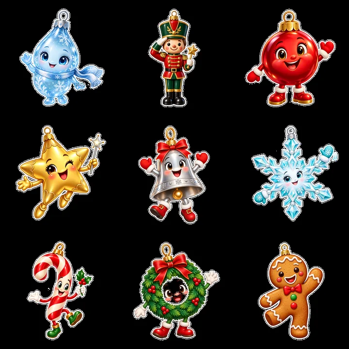 Colorful cartoon Christmas ornaments in a 3x3 grid arrangement - AI-generated stock image