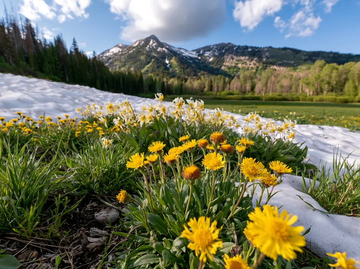 Snowy foothill meadow with wildflowers in spring - AI-generated stock image