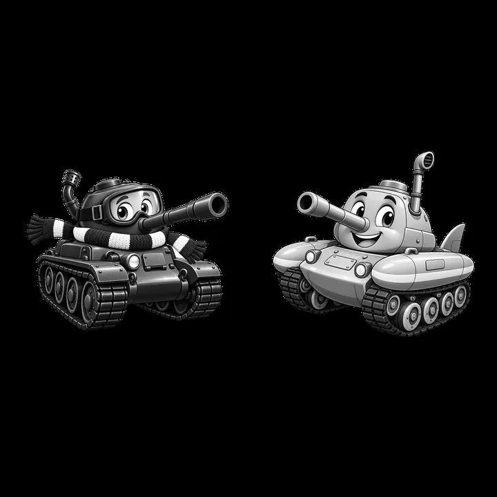 Two cartoon tanks with cheerful expressions and accessories - AI-generated stock image