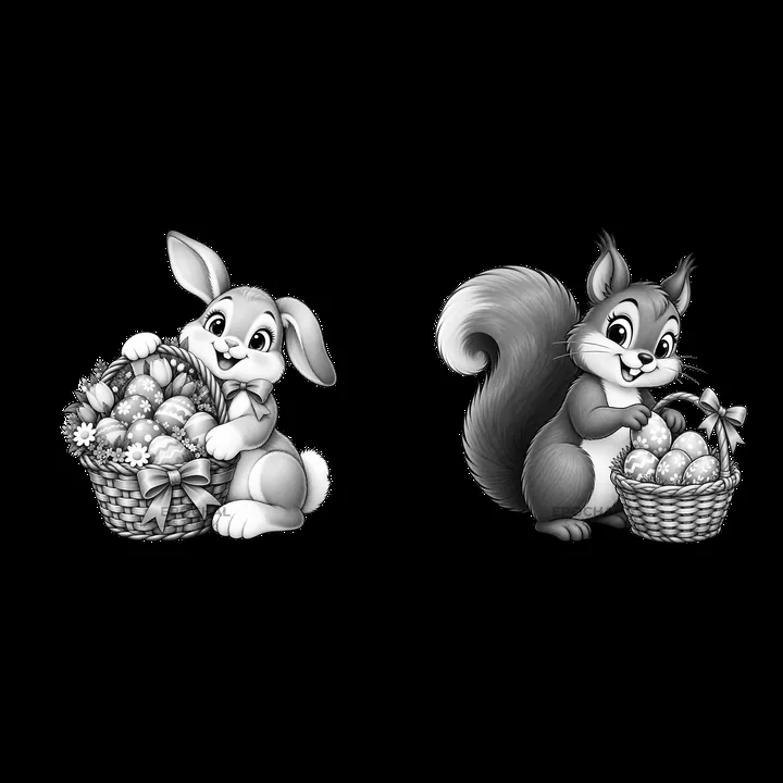 Easter bunny and squirrel with baskets of eggs - AI-generated stock image