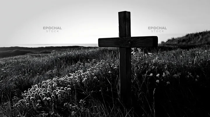 Christian cross in meadow at sunrise - AI-generated stock image