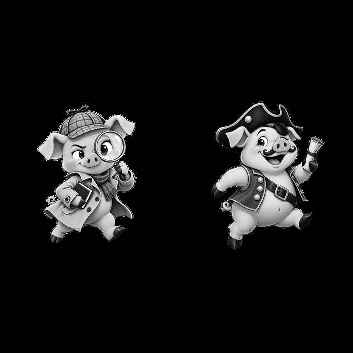 Cartoon pigs in detective and pirate costumes running together - AI-generated stock image