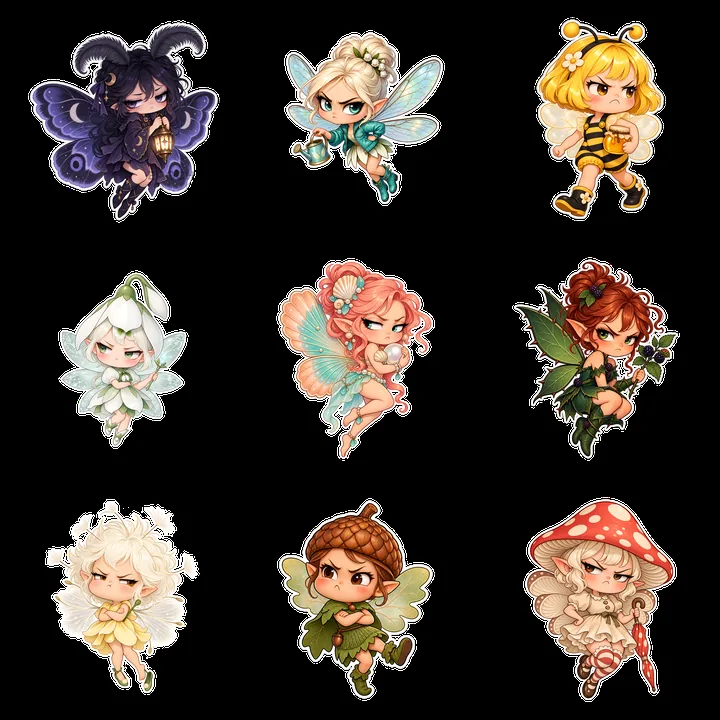 Grumpy kawaii fairies in a 3x3 grid with unique styles and colors - AI-generated stock image