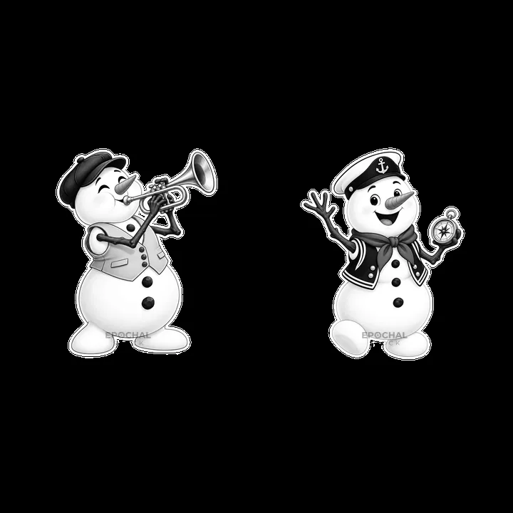 Snowmen playing trumpet and holding compass in black and white - AI-generated stock image
