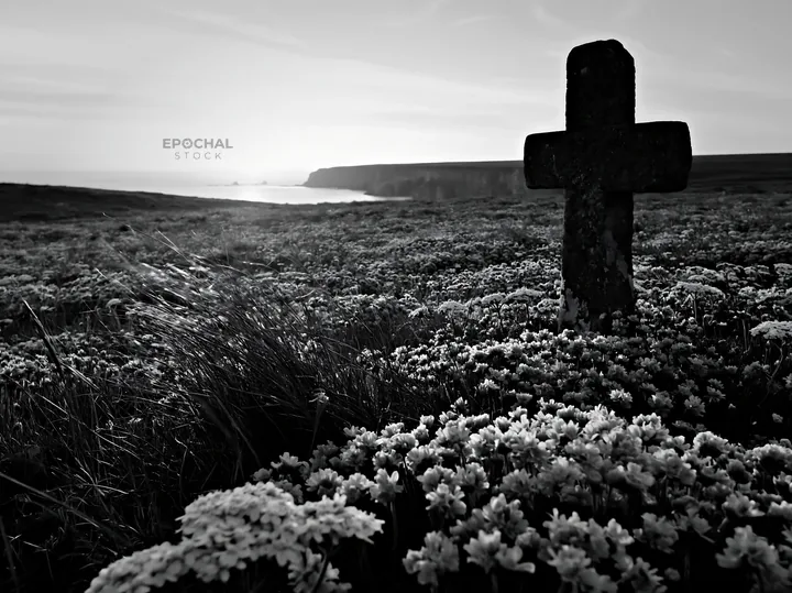 Christian cross in meadow with sunrise over coastline - AI-generated stock image
