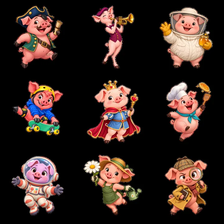 Cartoon pigs in various costumes and activities in a 3x3 layout - AI-generated stock image