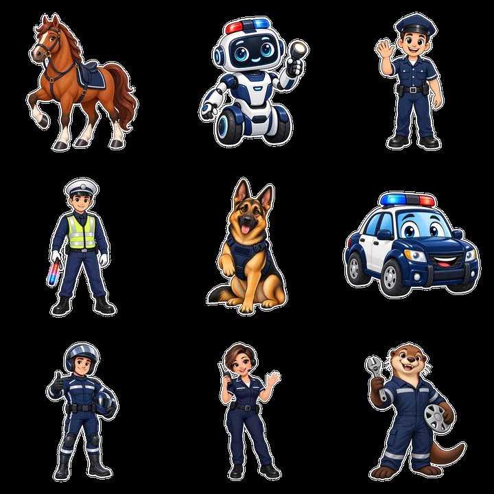 Police-themed cartoon characters in a 3x3 grid layout - AI-generated stock image