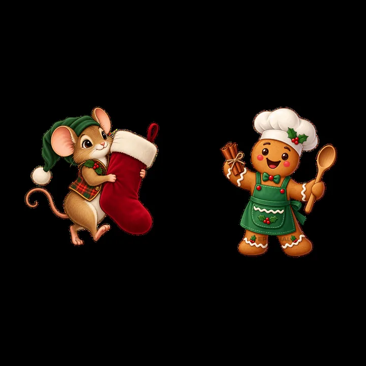 Mouse holding Christmas stocking and gingerbread chef with spoon - AI-generated stock image