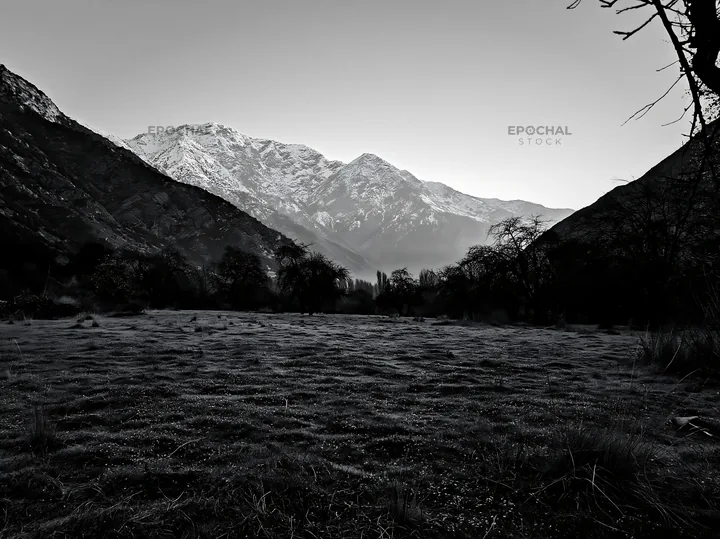 Valley view with apple meadow and mountains in the background - AI-generated stock image