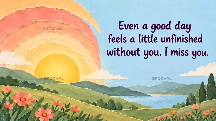 I Miss You Greeting with Layered Sunrise Landscape - AI-generated stock image