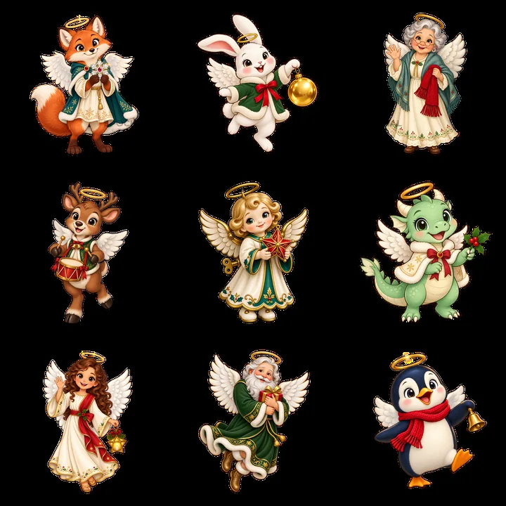 Christmas angel characters collection in a 3x3 layout - AI-generated stock image