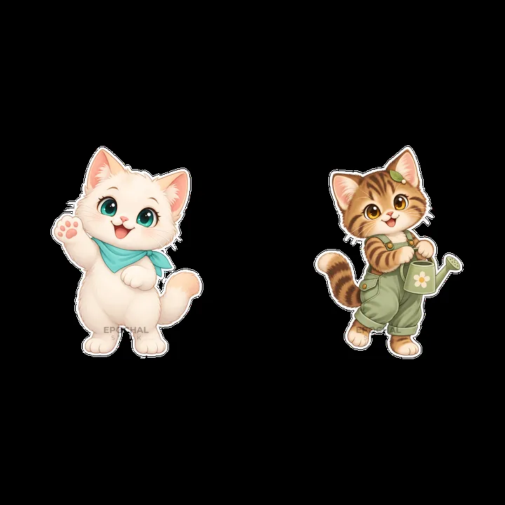 Kawaii cartoon kittens waving and watering plants in a garden - AI-generated stock image