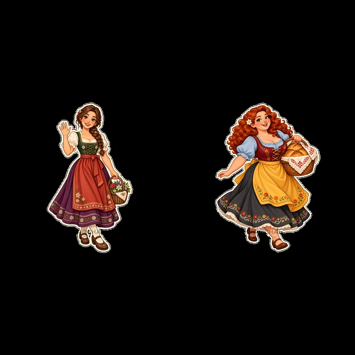Women in traditional folk dress with baskets, smiling and walking - AI-generated stock image