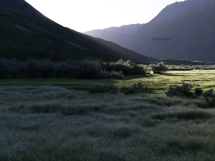 Sunlight shining on meadow in Jotunheimen valley - AI-generated stock image