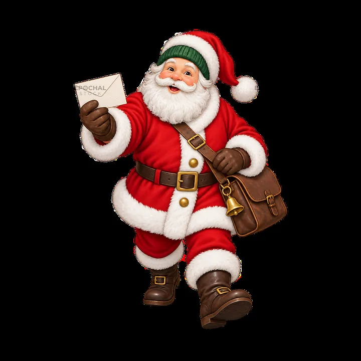 Santa Claus holding a letter and carrying a bag in winter - AI-generated stock image
