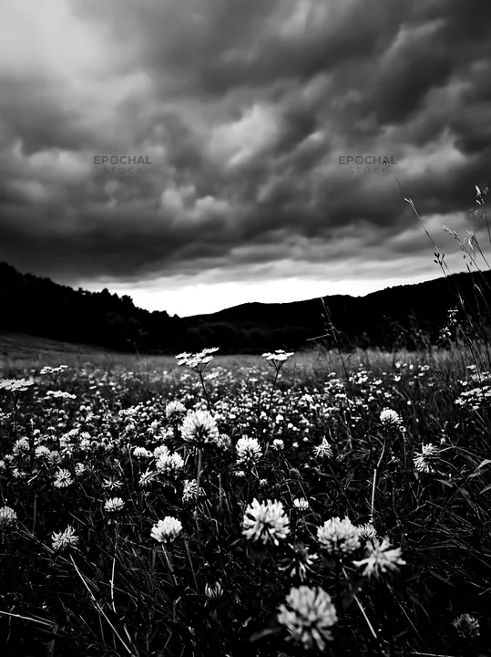 Colorful clover meadow under cloudy sky - AI-generated stock image