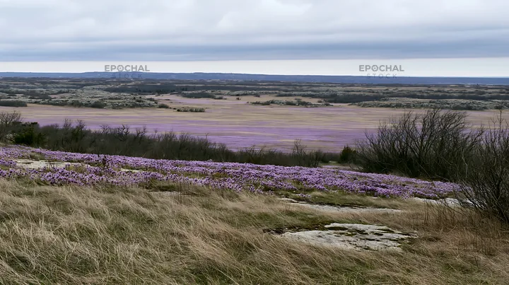 Cloudy pasque flower meadow on limestone slope - AI-generated stock image
