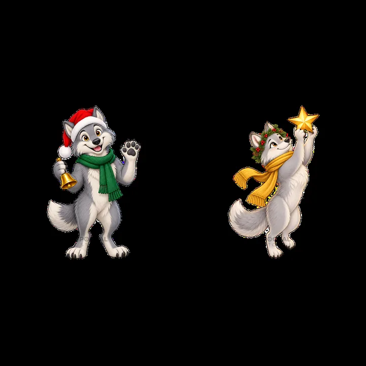 Two cartoon wolves celebrating Christmas with accessories - AI-generated stock image