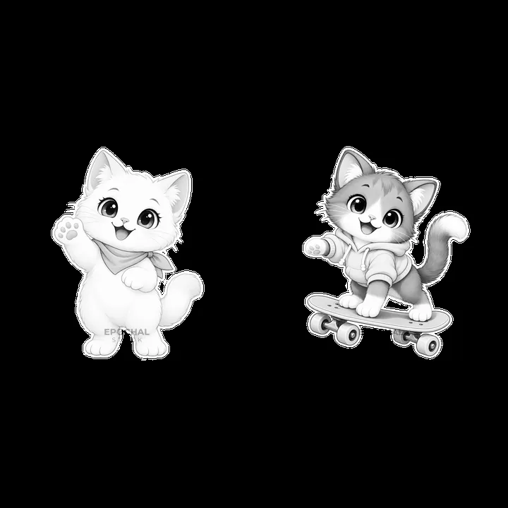 Kawaii cats with skateboard and waving pose - AI-generated stock image