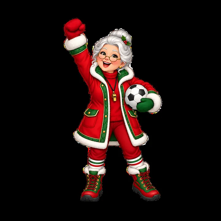 Santa Claus character with soccer ball celebrates Christmas - AI-generated stock image