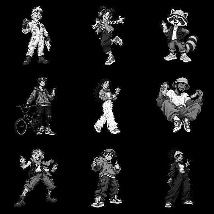 Cool graffiti sprayer characters in a 3x3 grid layout - AI-generated stock image