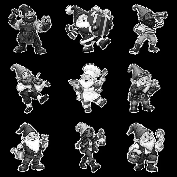 Gnomes engaged in various activities with different tools and props - AI-generated stock image