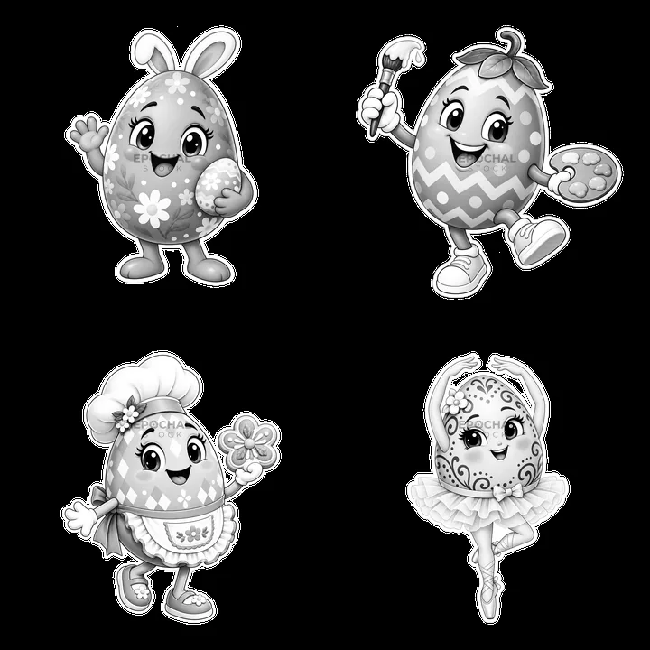 Colorful Easter egg characters holding objects in a 2x2 layout - AI-generated stock image