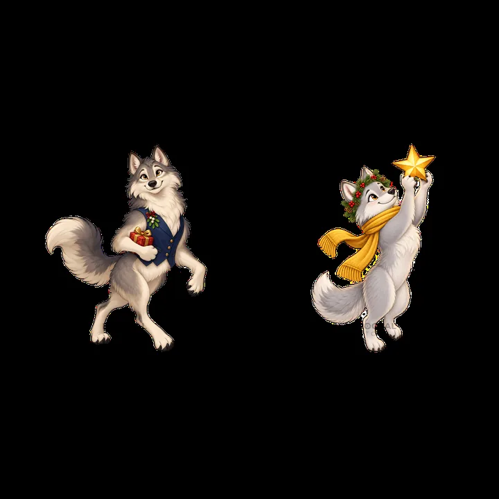 Christmas wolves carrying gifts and decorations - AI-generated stock image