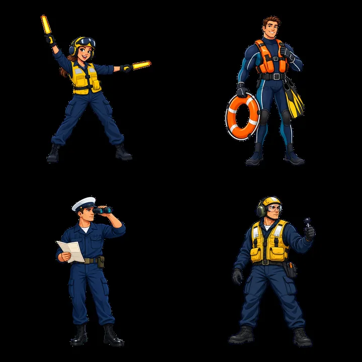 Cartoon stickers of four crew members on an aircraft carrier - AI-generated stock image
