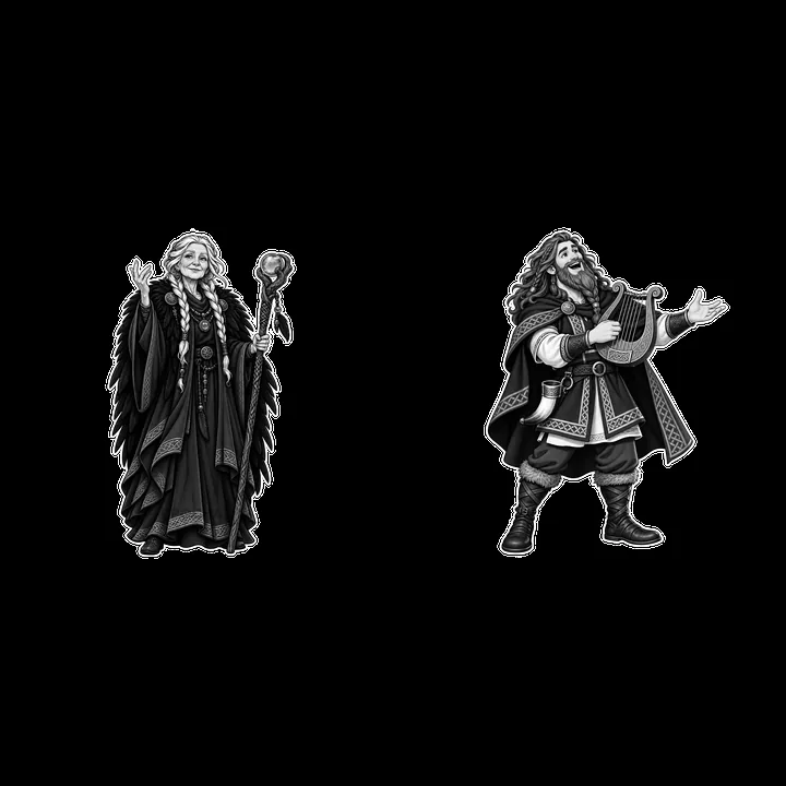 Odin and Freyja in black-and-white cartoon sticker illustration - AI-generated stock image