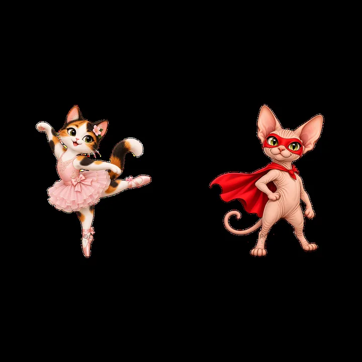 Ballet cat in tutu and superhero cat with cape - AI-generated stock image