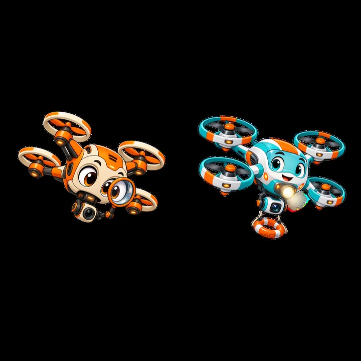Colorful cartoon drones flying with cameras in a playful style - AI-generated stock image