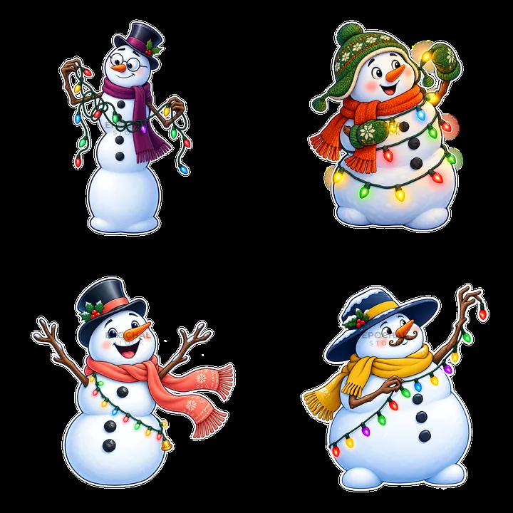 Snowman decorations with lights in a cheerful arrangement - AI-generated stock image