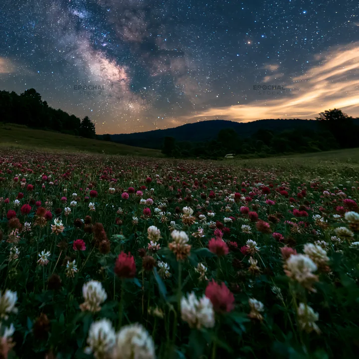 Colorful clover meadow under a starry night sky - AI-generated stock image