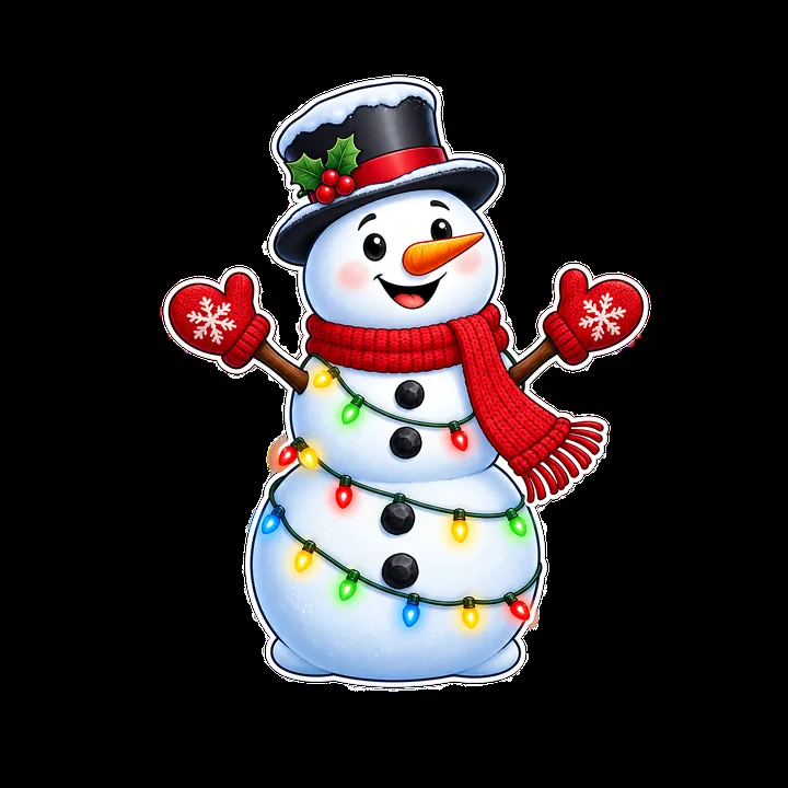 Snowman wearing a black hat with string lights and red scarf - AI-generated stock image