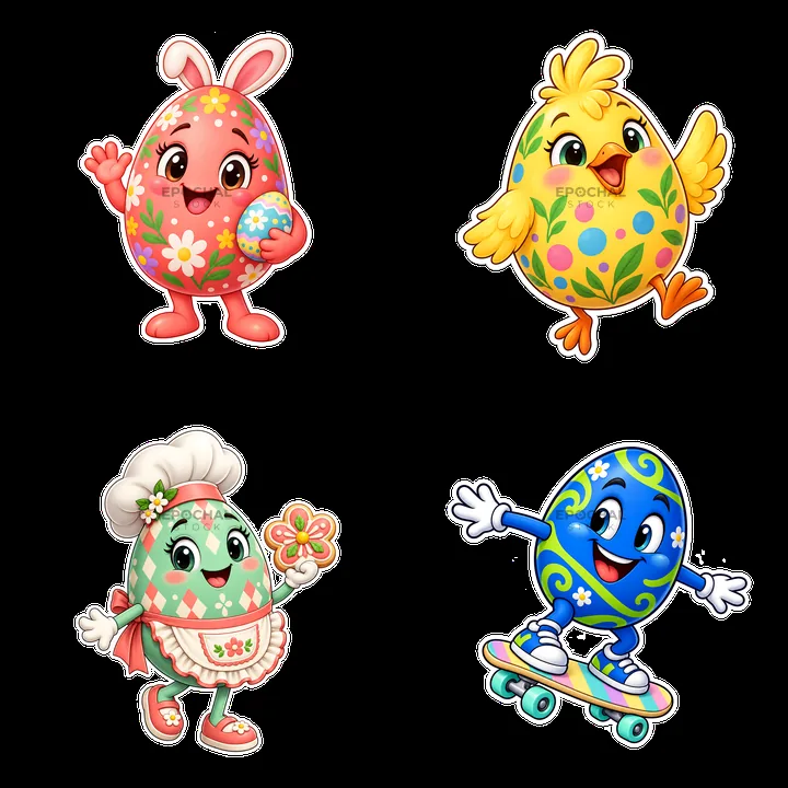 Colorful stickers of Easter eggs with cheerful characters - AI-generated stock image