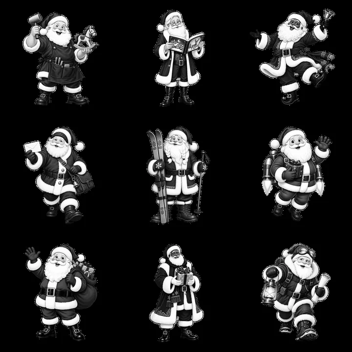 Santa Claus in various activities and poses in monochrome - AI-generated stock image