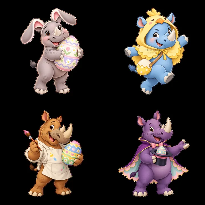 Easter rhinoceroses and friends celebrating with colorful eggs - AI-generated stock image