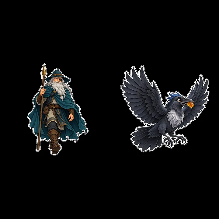Odin the Norse All-Father with raven illustration sticker - AI-generated stock image